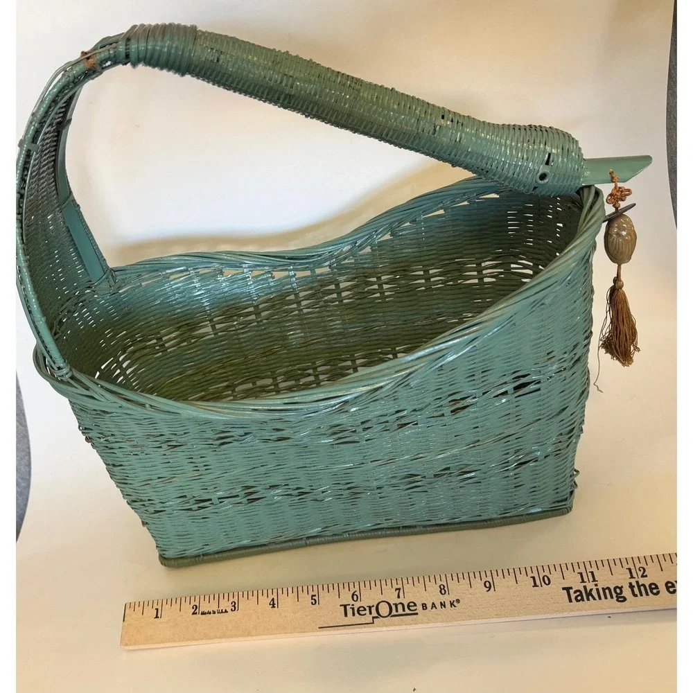 Vintage Swan Goose Oriental‎ Tassel Wicker Basket Sage Green Decor Cottagecore